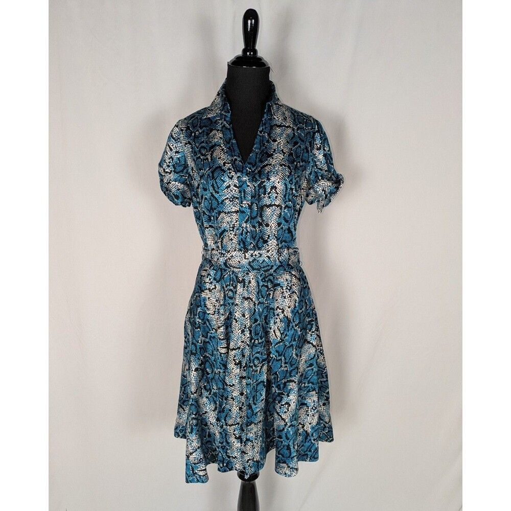 INC International Concepts Blue Snakeskin Print A Line Shirt Dress 4 Glam Rock